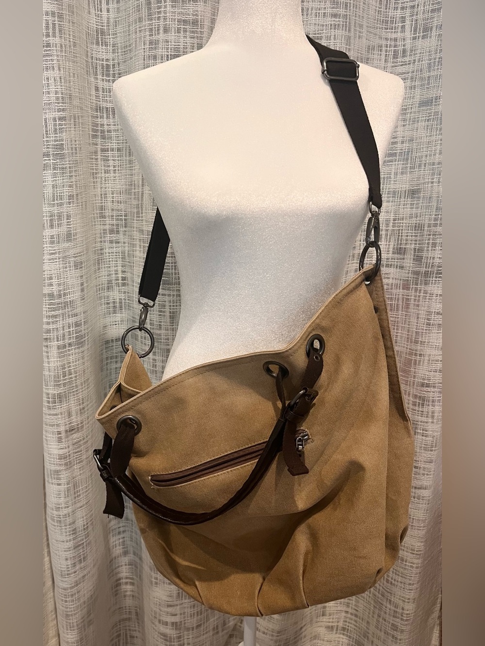 K2 Canvas Hobo Crossbody Satchel Bag Large Tan Zippered Computer Overnight